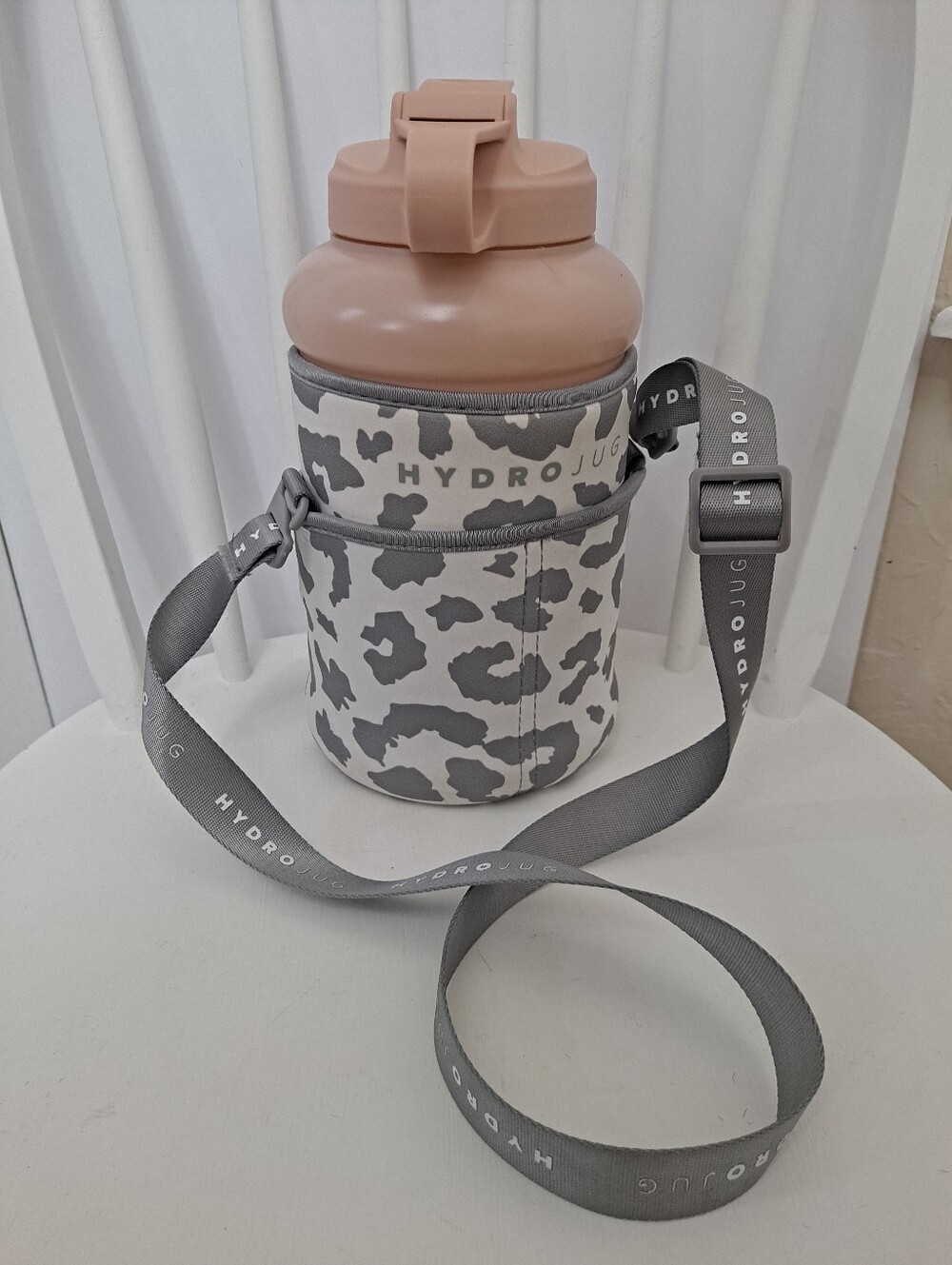 HydroJug Blush Pink with Gray Leopard Sleeve and Strap